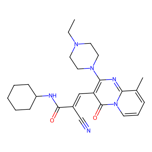 (2E)-2-cyano-N-cyclohexyl-3-[2-(4-ethylpiperazin-1-yl)-9-methyl-4-oxo-4H-pyrido[1,2-a]pyrimidin-3-yl]prop-2-enamide structure