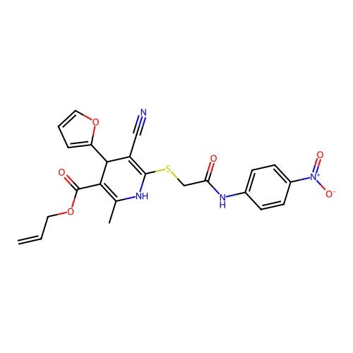 allyl 5-cyano-4-(furan-2-yl)-2-methyl-6-((2-((4-nitrophenyl)amino)-2-oxoethyl)thio)-1,4-dihydropyridine-3-carboxylate structure