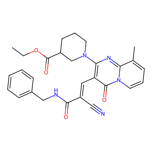 (E)-ethyl 1-(3-(3-(benzylamino)-2-cyano-3-oxoprop-1-en-1-yl)-9-methyl-4-oxo-4H-pyrido[1,2-a]pyrimidin-2-yl)piperidine-3-carboxylate structure