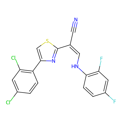 (Z)-2-(4-(2,4-dichlorophenyl)thiazol-2-yl)-3-((2,4-difluorophenyl)amino)acrylonitrile structure