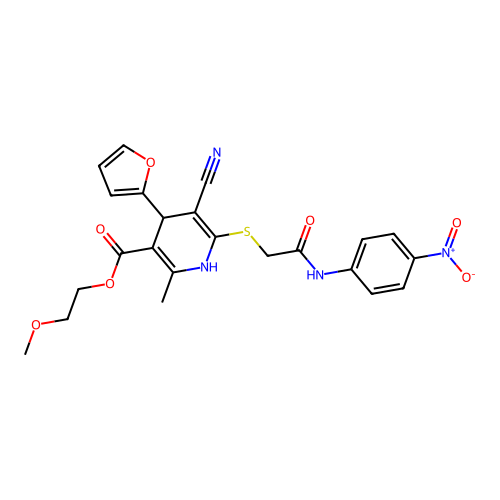 2-methoxyethyl 5-cyano-4-(furan-2-yl)-2-methyl-6-((2-((4-nitrophenyl)amino)-2-oxoethyl)thio)-1,4-dihydropyridine-3-carboxylate structure
