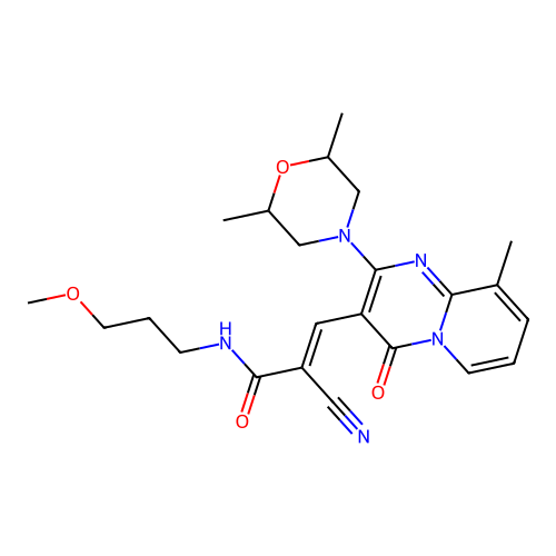 (2E)-2-cyano-3-[2-(2,6-dimethylmorpholin-4-yl)-9-methyl-4-oxo-4H-pyrido[1,2-a]pyrimidin-3-yl]-N-(3-methoxypropyl)prop-2-enamide structure