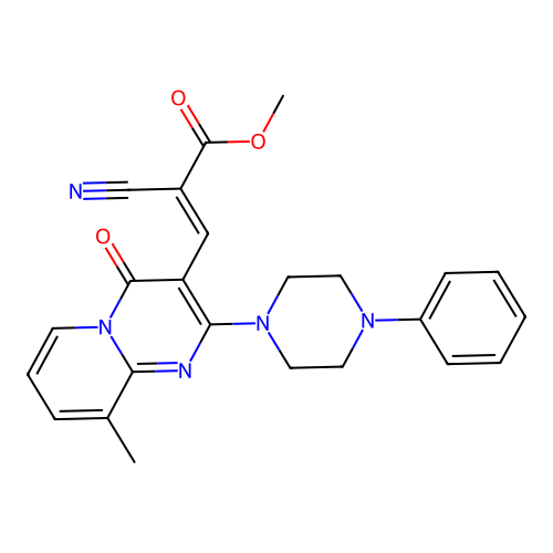 (E)-methyl 2-cyano-3-(9-methyl-4-oxo-2-(4-phenylpiperazin-1-yl)-4H-pyrido[1,2-a]pyrimidin-3-yl)acrylate structure