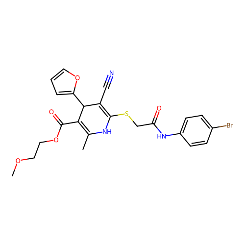 2-methoxyethyl 6-((2-((4-bromophenyl)amino)-2-oxoethyl)thio)-5-cyano-4-(furan-2-yl)-2-methyl-1,4-dihydropyridine-3-carboxylate structure