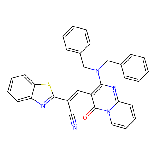 (2E)-2-(1,3-benzothiazol-2-yl)-3-[2-(dibenzylamino)-4-oxo-4H-pyrido[1,2-a]pyrimidin-3-yl]prop-2-enenitrile structure