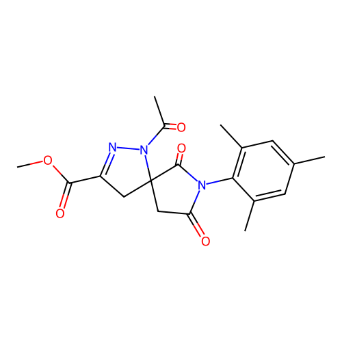 methyl 1-acetyl-7-mesityl-6,8-dioxo-1,2,7-triazaspiro[4.4]non-2-ene-3-carboxylate structure