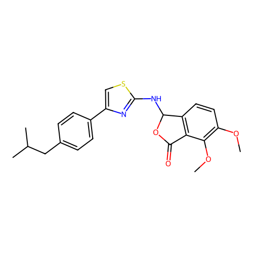 3-((4-(4-isobutylphenyl)thiazol-2-yl)amino)-6,7-dimethoxyisobenzofuran-1(3H)-one structure