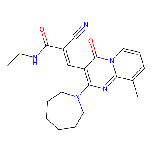 (2E)-3-[2-(azepan-1-yl)-9-methyl-4-oxo-4H-pyrido[1,2-a]pyrimidin-3-yl]-2-cyano-N-ethylprop-2-enamide structure