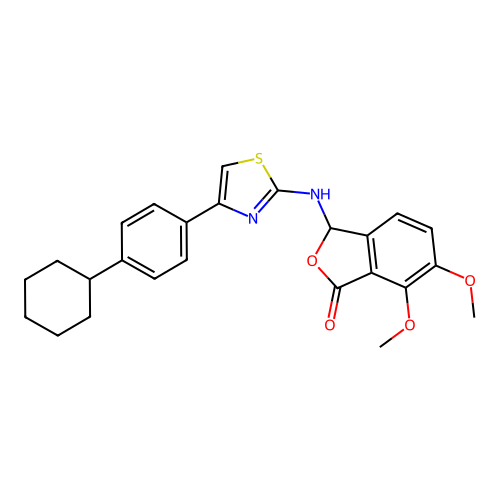 3-((4-(4-cyclohexylphenyl)thiazol-2-yl)amino)-6,7-dimethoxyisobenzofuran-1(3H)-one structure