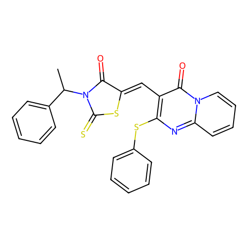 3-{(Z)-[4-oxo-3-(1-phenylethyl)-2-thioxo-1,3-thiazolidin-5-ylidene]methyl}-2-(phenylsulfanyl)-4H-pyrido[1,2-a]pyrimidin-4-one structure