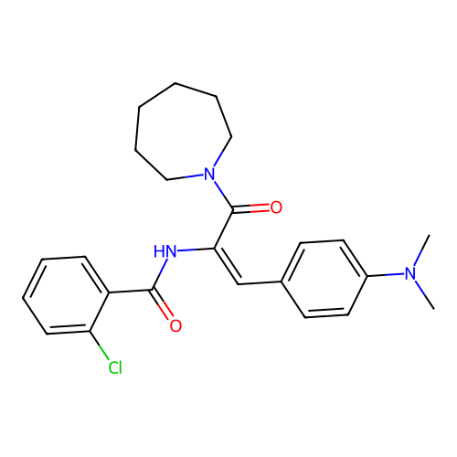 N-[(E)-3-(azepan-1-yl)-1-(4-dimethylaminophenyl)-3-oxoprop-1-en-2-yl]-2-chlorobenzamide structure