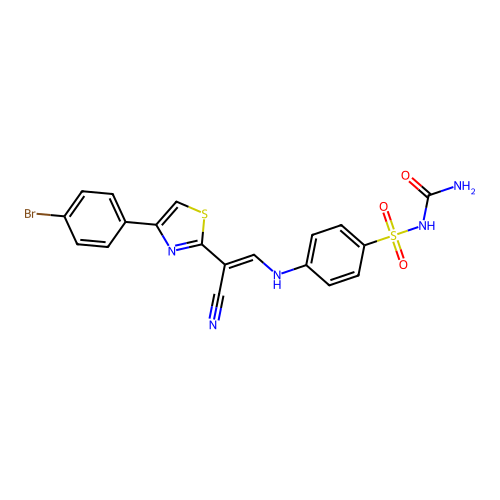 (E)-4-((2-(4-(4-bromophenyl)thiazol-2-yl)-2-cyanovinyl)amino)-N-carbamoylbenzenesulfonamide structure