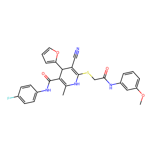 5-cyano-N-(4-fluorophenyl)-4-(furan-2-yl)-6-((2-((3-methoxyphenyl)amino)-2-oxoethyl)thio)-2-methyl-1,4-dihydropyridine-3-carboxamide structure