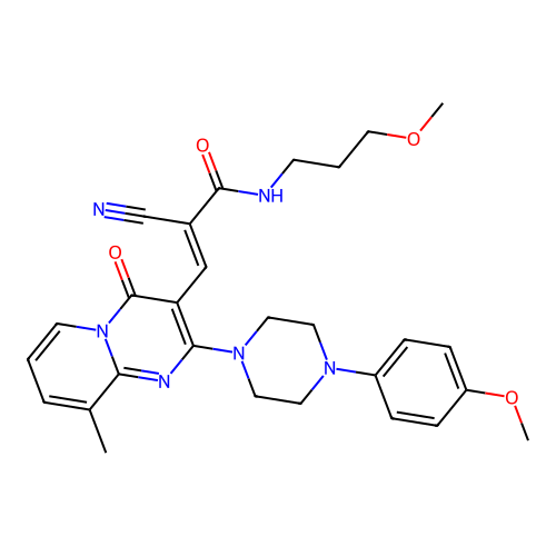 (2E)-2-cyano-3-{2-[4-(4-methoxyphenyl)piperazin-1-yl]-9-methyl-4-oxo-4H-pyrido[1,2-a]pyrimidin-3-yl}-N-(3-methoxypropyl)prop-2-enamide structure