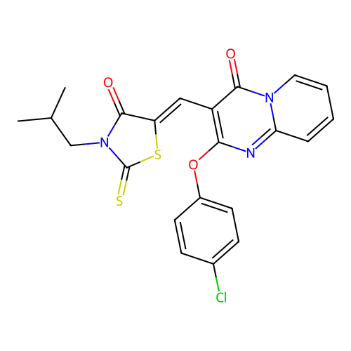 2-(4-chlorophenoxy)-3-{(Z)-[3-(2-methylpropyl)-4-oxo-2-thioxo-1,3-thiazolidin-5-ylidene]methyl}-4H-pyrido[1,2-a]pyrimidin-4-one structure