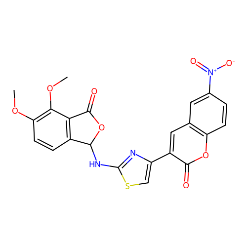 3-(2-((4,5-dimethoxy-3-oxo-1,3-dihydroisobenzofuran-1-yl)amino)thiazol-4-yl)-6-nitro-2H-chromen-2-one structure