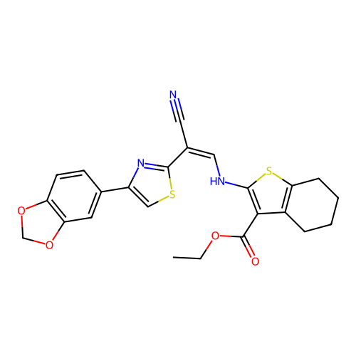 (Z)-ethyl 2-((2-(4-(benzo[d][1,3]dioxol-5-yl)thiazol-2-yl)-2-cyanovinyl)amino)-4,5,6,7-tetrahydrobenzo[b]thiophene-3-carboxylate structure