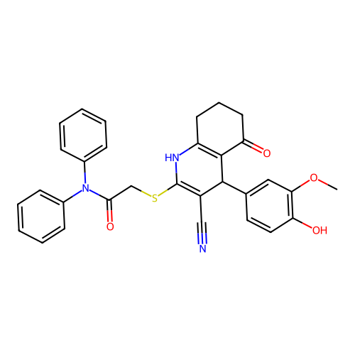 2-((3-cyano-4-(4-hydroxy-3-methoxyphenyl)-5-oxo-1,4,5,6,7,8-hexahydroquinolin-2-yl)thio)-N,N-diphenylacetamide structure