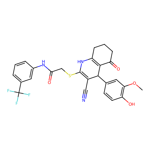 2-((3-cyano-4-(4-hydroxy-3-methoxyphenyl)-5-oxo-1,4,5,6,7,8-hexahydroquinolin-2-yl)thio)-N-(3-(trifluoromethyl)phenyl)acetamide structure