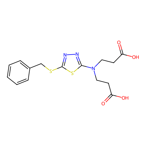 3,3'-{[5-(benzylsulfanyl)-1,3,4-thiadiazol-2-yl]imino}dipropanoic acid (non-preferred name) structure