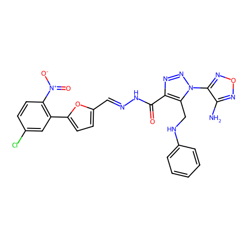 (E)-1-(4-amino-1,2,5-oxadiazol-3-yl)-N'-((5-(5-chloro-2-nitrophenyl)furan-2-yl)methylene)-5-((phenylamino)methyl)-1H-1,2,3-triazole-4-carbohydrazide structure