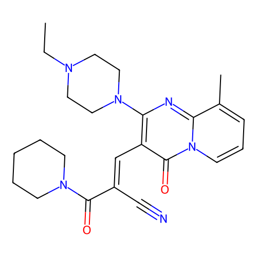 (2E)-3-[2-(4-ethylpiperazin-1-yl)-9-methyl-4-oxo-4H-pyrido[1,2-a]pyrimidin-3-yl]-2-(piperidin-1-ylcarbonyl)prop-2-enenitrile structure