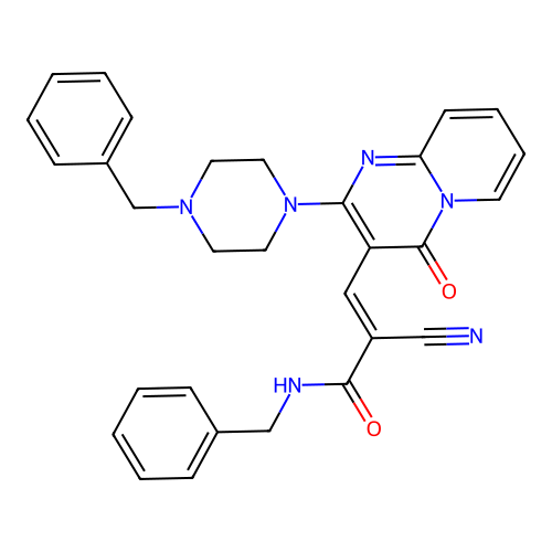 (2E)-N-benzyl-3-[2-(4-benzylpiperazin-1-yl)-4-oxo-4H-pyrido[1,2-a]pyrimidin-3-yl]-2-cyanoprop-2-enamide structure