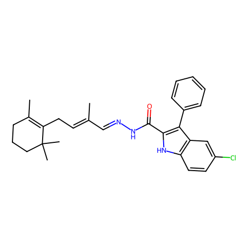 (E)-5-chloro-N'-((E)-2-methyl-4-(2,6,6-trimethylcyclohex-1-en-1-yl)but-2-en-1-ylidene)-3-phenyl-1H-indole-2-carbohydrazide structure