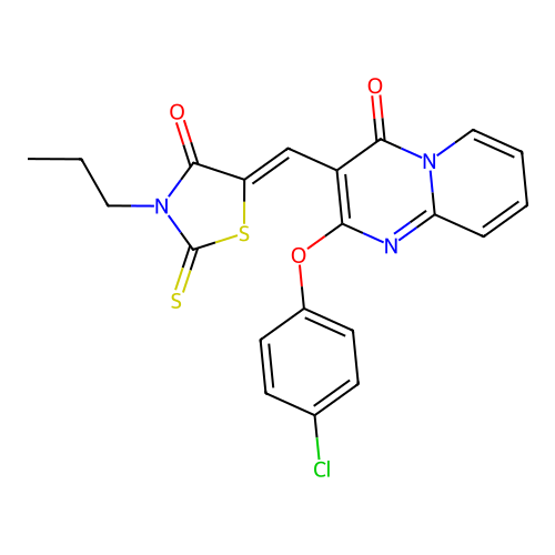 2-(4-chlorophenoxy)-3-[(Z)-(4-oxo-3-propyl-2-thioxo-1,3-thiazolidin-5-ylidene)methyl]-4H-pyrido[1,2-a]pyrimidin-4-one structure