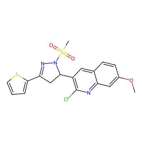 2-chloro-7-methoxy-3-(1-(methylsulfonyl)-3-(thiophen-2-yl)-4,5-dihydro-1H-pyrazol-5-yl)quinoline structure