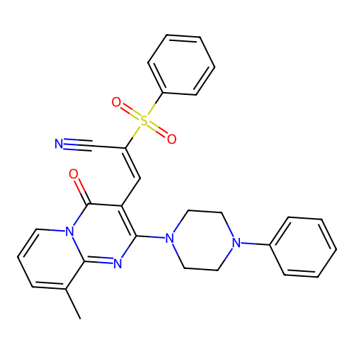 (2E)-3-[9-methyl-4-oxo-2-(4-phenylpiperazin-1-yl)-4H-pyrido[1,2-a]pyrimidin-3-yl]-2-(phenylsulfonyl)prop-2-enenitrile structure