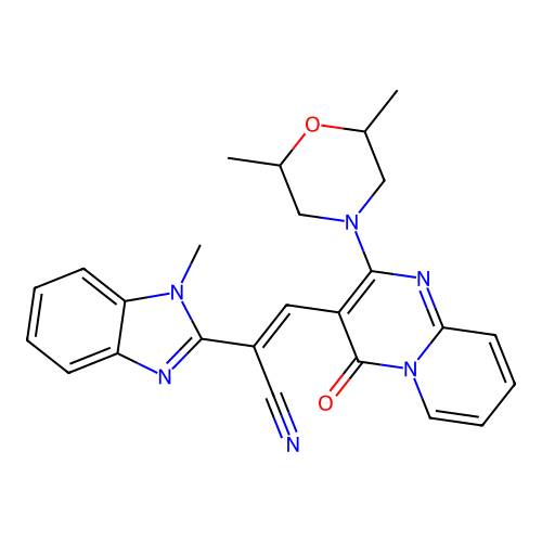 (2E)-3-[2-(2,6-dimethylmorpholin-4-yl)-4-oxo-4H-pyrido[1,2-a]pyrimidin-3-yl]-2-(1-methyl-1H-benzimidazol-2-yl)prop-2-enenitrile structure