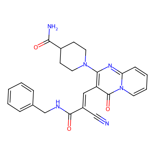 (E)-1-(3-(3-(benzylamino)-2-cyano-3-oxoprop-1-en-1-yl)-4-oxo-4H-pyrido[1,2-a]pyrimidin-2-yl)piperidine-4-carboxamide structure