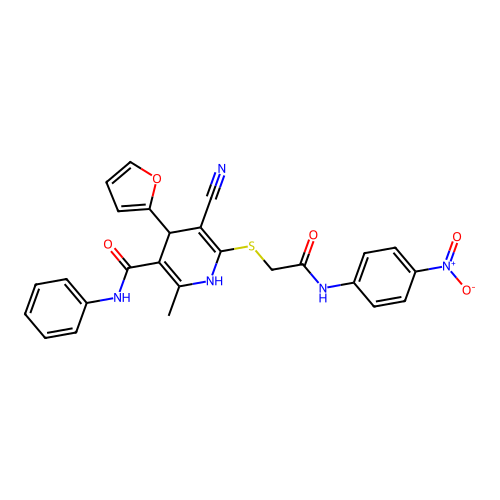 5-cyano-4-(furan-2-yl)-2-methyl-6-((2-((4-nitrophenyl)amino)-2-oxoethyl)thio)-N-phenyl-1,4-dihydropyridine-3-carboxamide structure