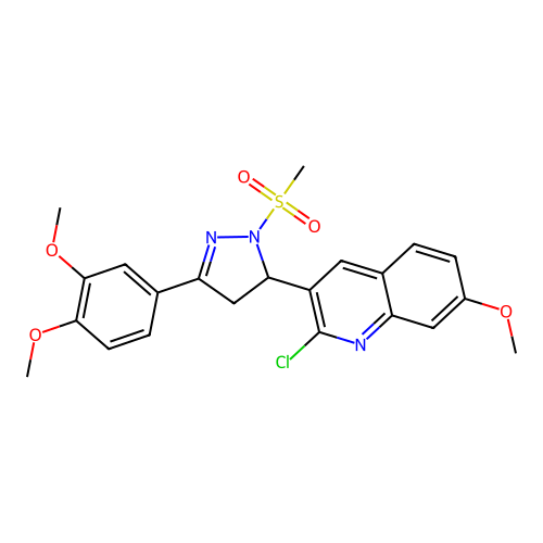 2-chloro-3-(3-(3,4-dimethoxyphenyl)-1-(methylsulfonyl)-4,5-dihydro-1H-pyrazol-5-yl)-7-methoxyquinoline structure