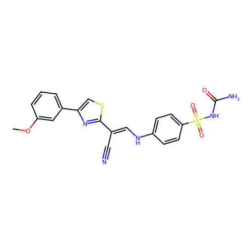 (E)-N-carbamoyl-4-((2-cyano-2-(4-(3-methoxyphenyl)thiazol-2-yl)vinyl)amino)benzenesulfonamide structure