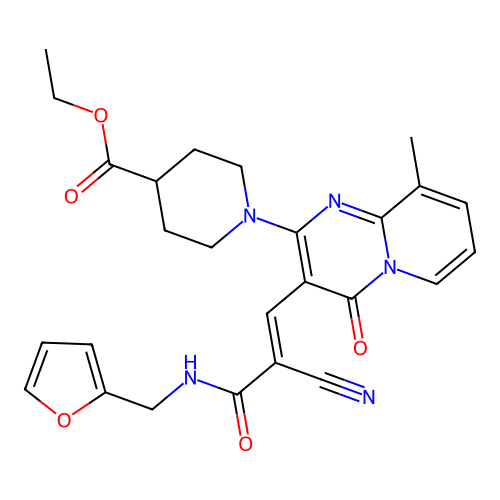 (E)-ethyl 1-(3-(2-cyano-3-((furan-2-ylmethyl)amino)-3-oxoprop-1-en-1-yl)-9-methyl-4-oxo-4H-pyrido[1,2-a]pyrimidin-2-yl)piperidine-4-carboxylate structure