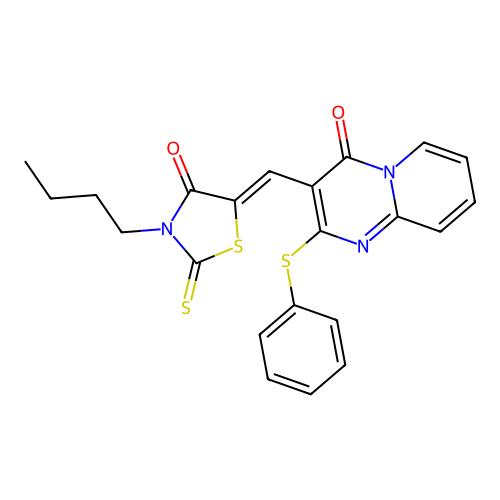 3-[(Z)-(3-butyl-4-oxo-2-thioxo-1,3-thiazolidin-5-ylidene)methyl]-2-(phenylsulfanyl)-4H-pyrido[1,2-a]pyrimidin-4-one structure
