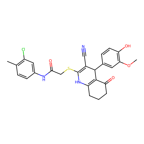 N-(3-chloro-4-methylphenyl)-2-((3-cyano-4-(4-hydroxy-3-methoxyphenyl)-5-oxo-1,4,5,6,7,8-hexahydroquinolin-2-yl)thio)acetamide structure