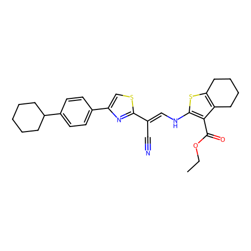 (E)-ethyl 2-((2-cyano-2-(4-(4-cyclohexylphenyl)thiazol-2-yl)vinyl)amino)-4,5,6,7-tetrahydrobenzo[b]thiophene-3-carboxylate structure