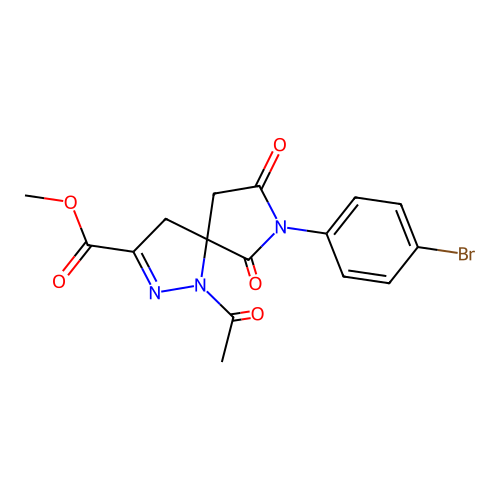 methyl 1-acetyl-7-(4-bromophenyl)-6,8-dioxo-1,2,7-triazaspiro[4.4]non-2-ene-3-carboxylate structure