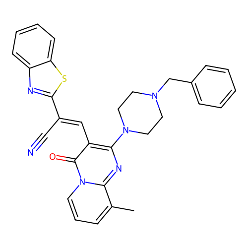 (2E)-2-(1,3-benzothiazol-2-yl)-3-[2-(4-benzylpiperazin-1-yl)-9-methyl-4-oxo-4H-pyrido[1,2-a]pyrimidin-3-yl]prop-2-enenitrile structure
