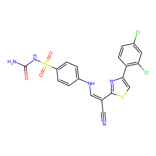 (Z)-N-carbamoyl-4-((2-cyano-2-(4-(2,4-dichlorophenyl)thiazol-2-yl)vinyl)amino)benzenesulfonamide structure