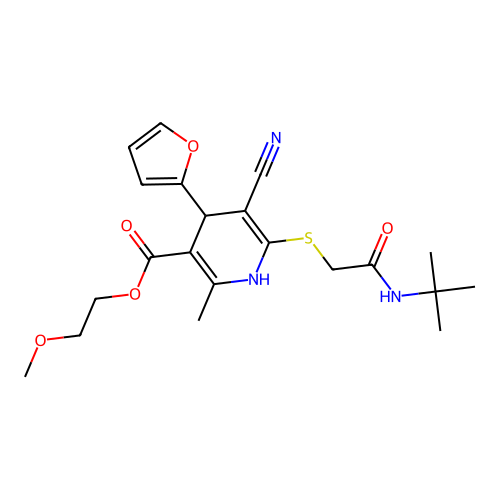 2-methoxyethyl 6-((2-(tert-butylamino)-2-oxoethyl)thio)-5-cyano-4-(furan-2-yl)-2-methyl-1,4-dihydropyridine-3-carboxylate structure