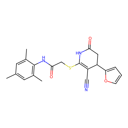 2-((3-cyano-4-(furan-2-yl)-6-oxo-1,4,5,6-tetrahydropyridin-2-yl)thio)-N-mesitylacetamide structure