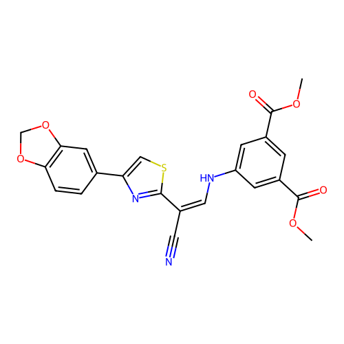 (Z)-dimethyl 5-((2-(4-(benzo[d][1,3]dioxol-5-yl)thiazol-2-yl)-2-cyanovinyl)amino)isophthalate structure