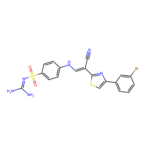 (E)-4-((2-(4-(3-bromophenyl)thiazol-2-yl)-2-cyanovinyl)amino)-N-carbamimidoylbenzenesulfonamide structure