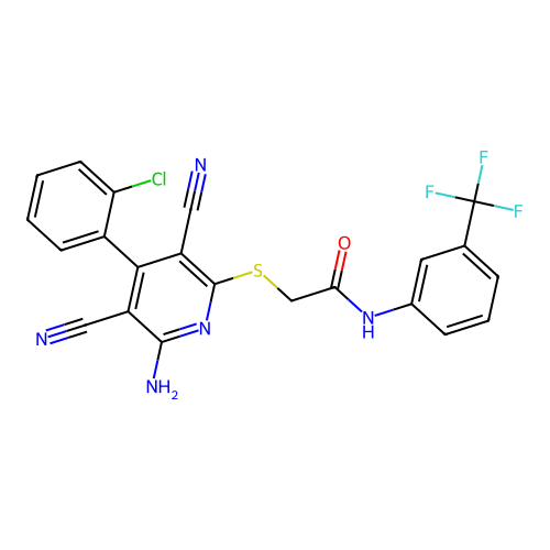 2-((6-amino-4-(2-chlorophenyl)-3,5-dicyanopyridin-2-yl)thio)-N-(3-(trifluoromethyl)phenyl)acetamide structure