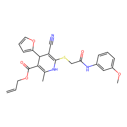 allyl 5-cyano-4-(furan-2-yl)-6-((2-((3-methoxyphenyl)amino)-2-oxoethyl)thio)-2-methyl-1,4-dihydropyridine-3-carboxylate structure