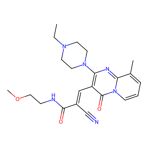 (2E)-2-cyano-3-[2-(4-ethylpiperazin-1-yl)-9-methyl-4-oxo-4H-pyrido[1,2-a]pyrimidin-3-yl]-N-(2-methoxyethyl)prop-2-enamide structure